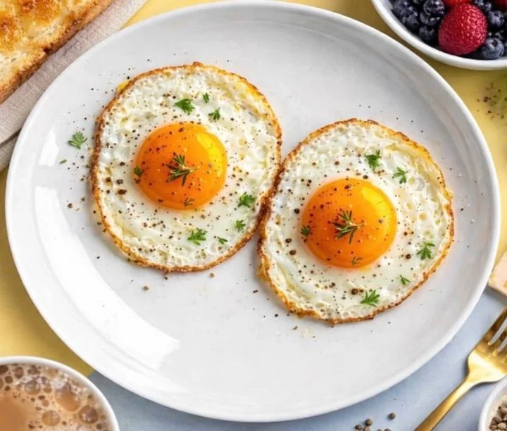 Two sunny-side eggs on a plate
