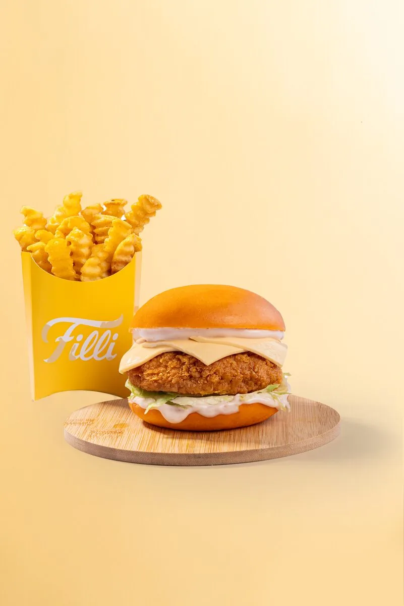 Kids chicken burger served with fries